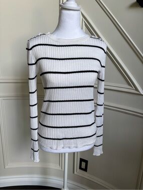 Pink Republic White Ribbed Knit Top with Black Stripe Detail